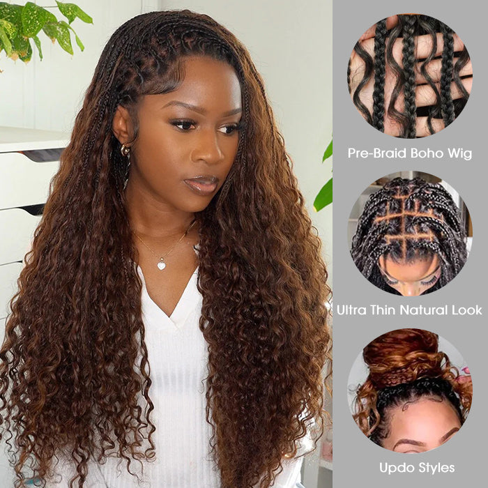 Boho Braid Wigs 100% Human Hair Drawstring 13x6 Transparent HD Lace Frontal Wigs For Women #T1B/30 Ombre Color