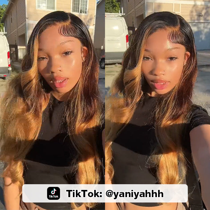Ombre Lace Front Wigs with Blonde Highlight #T1B/4/27 Three Tone Brazilian Body Wave HD Lace Human Hair Wigs