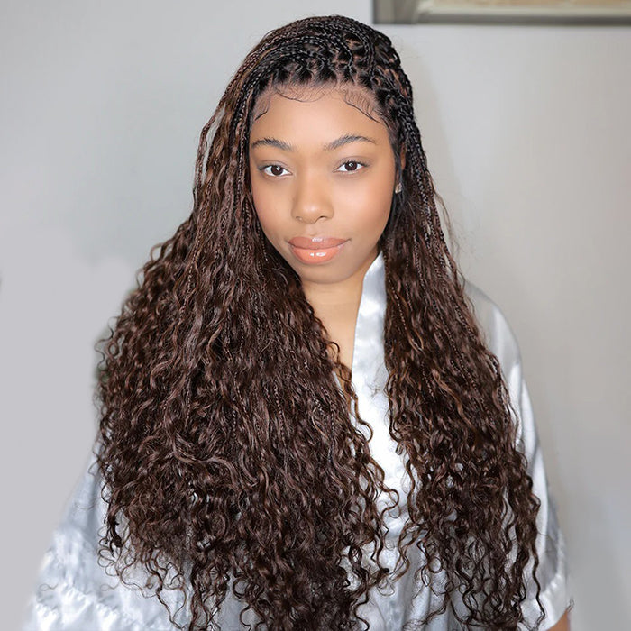 Boho Knotless Braided Wigs Drawstring 13x6 HD Lace Frontal Human Hair Wigs Brown Color with Black Root