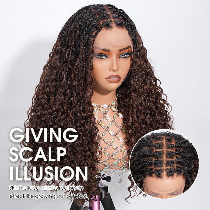 Boho Knotless Braided Wigs Drawstring 13x6 HD Lace Frontal Human Hair Wigs Brown Color with Black Root