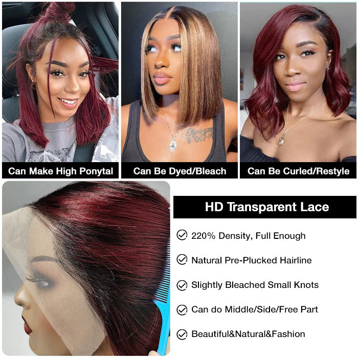 1B/99J Burgundy Ombre Short Straight Bob Wigs Human Hair With Pre Plucked Hairline