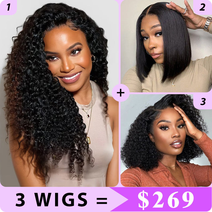 3 Wigs Set  | 13x4 Skinlike HD Lace Curly Wig & 8x5 Glueless Lace Curly Short Bob Wigs & Straight 5x5 HD Lace Short Bob Wig