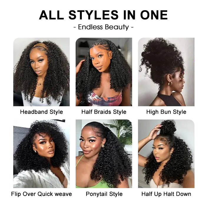 3 In 1 Half Wigs Kinky Curly Flip Over Human Hair Wigs Glueless Install Half Wig With Adjustable Drawstring Beginner Friendly