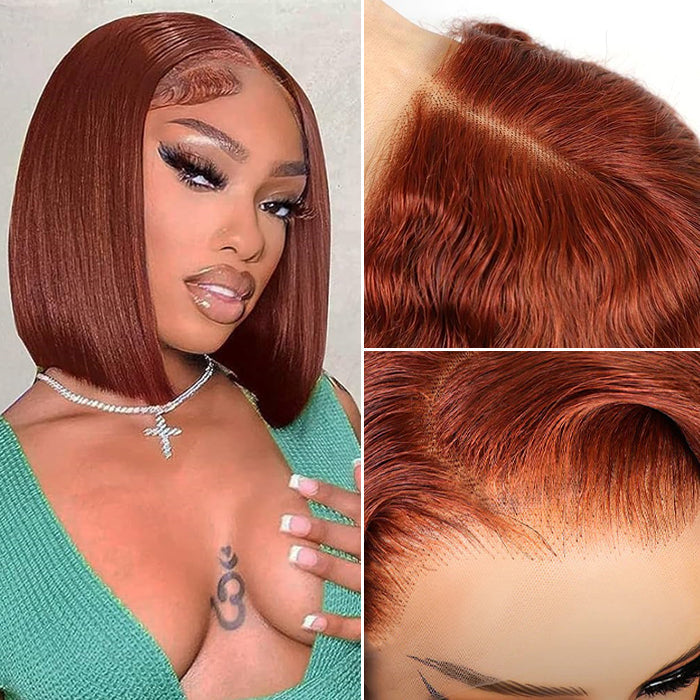 #33 Reddish Brown Color Straight Short Bob Red Brown Wig 13x4 Bob Lace Frontal Wigs 220% Density