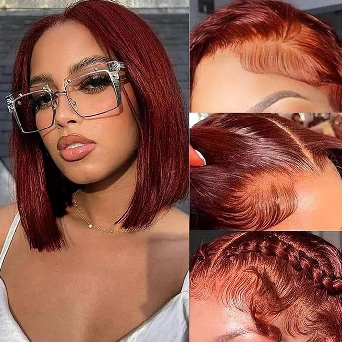 #33 Reddish Brown Color Straight Short Bob Red Brown Wig 13x4 Bob Lace Frontal Wigs 220% Density