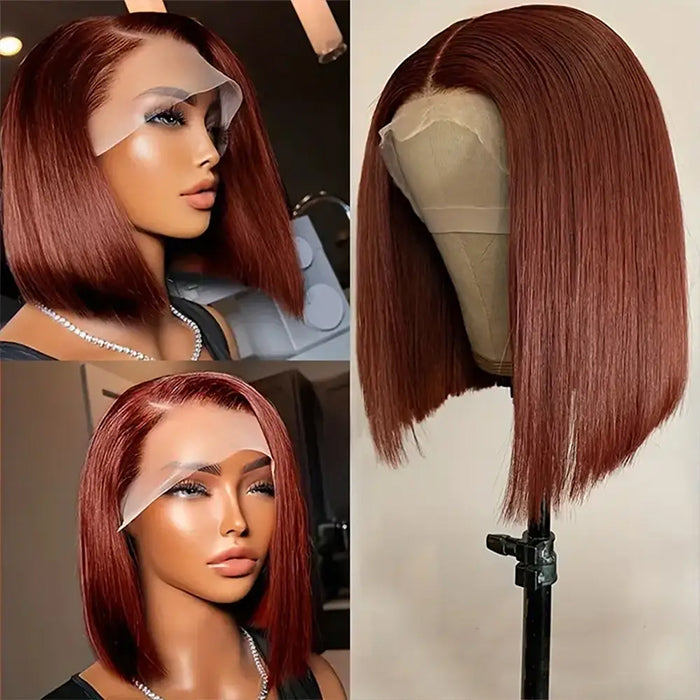 #33 Reddish Brown Color Straight Short Bob Red Brown Wig 13x4 Bob Lace Frontal Wigs 220% Density