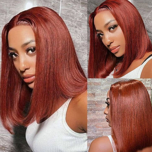 #33 Reddish Brown Color Straight Short Bob Red Brown Wig 13x4 Bob Lace Frontal Wigs 220% Density