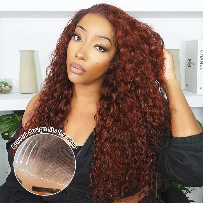 #33 Reddish Brown Water Wave Glueless Wig Big Parting 8*5 HD Lace Closure Wigs Ready To Wear