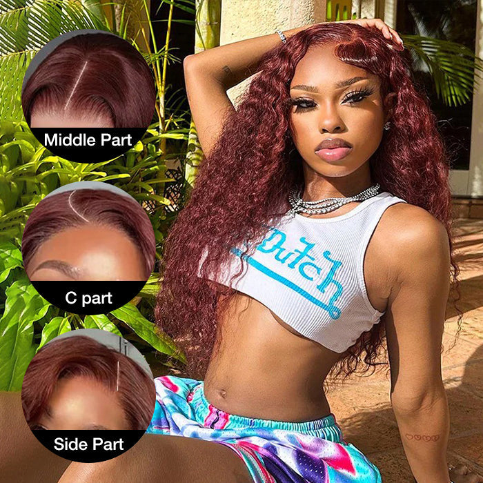 #33 Reddish Brown Water Wave Glueless Wig Big Parting 8*5 HD Lace Closure Wigs Ready To Wear
