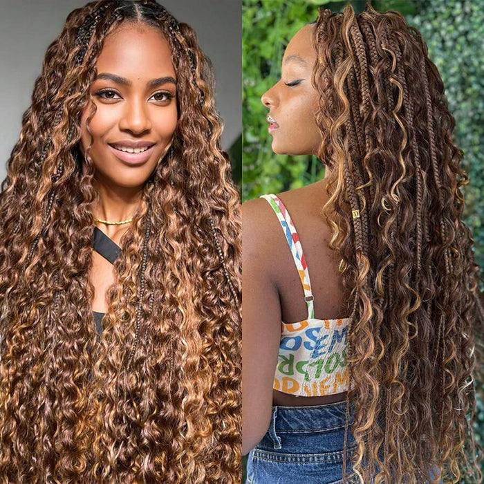 Boho Braided Wigs Ombre Highlight Brown Color Water Wave Pull Go Drawstring 13x6 HD Lace Frontal Human Hair Wigs