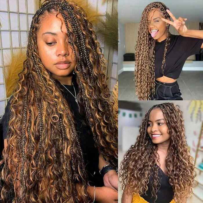 Boho Braided Wigs Ombre Highlight Brown Color Water Wave Pull Go Drawstring 13x6 HD Lace Frontal Human Hair Wigs