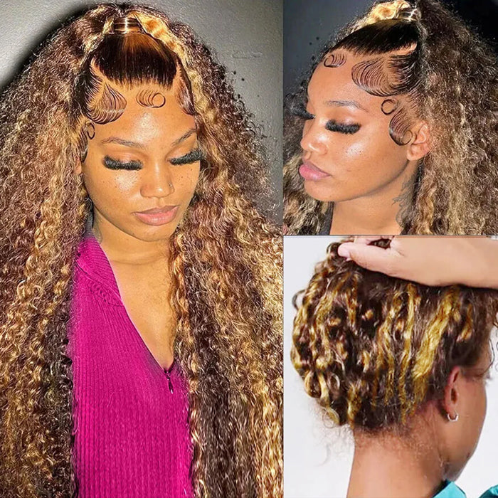 Ombre 4/27 Highlight Curly Wigs Invisi String Snug Fit 360 Pre Everything Glueless Wig
