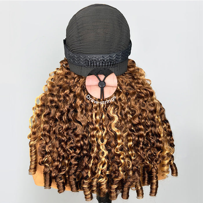 Highlight Burmese Curly with Finger Coil Ends Glueless 13x6 HD Lace Frontal Human Hair Wigs with Elastic Drawstring Friendly To All Heads