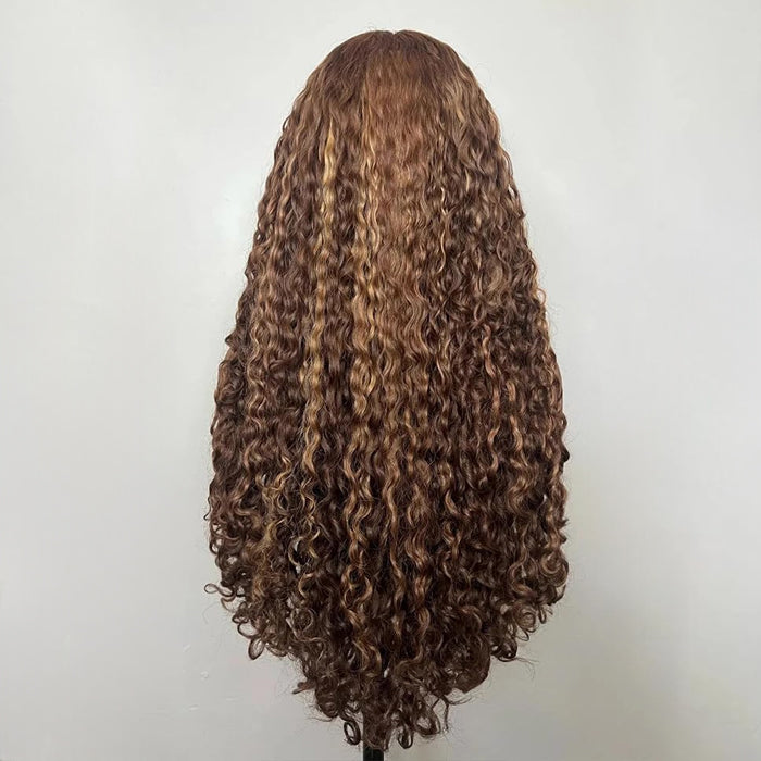 4C Edge Glueless Wigs Brown Highlight Water Wave Wigs 13x4 13x6 Invisible HD Lace Front Wigs with Drawstring Beginner Friendly