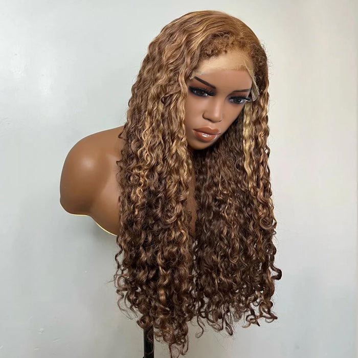 4C Edge Glueless Wigs Brown Highlight Water Wave Wigs 13x4 13x6 Invisible HD Lace Front Wigs with Drawstring Beginner Friendly
