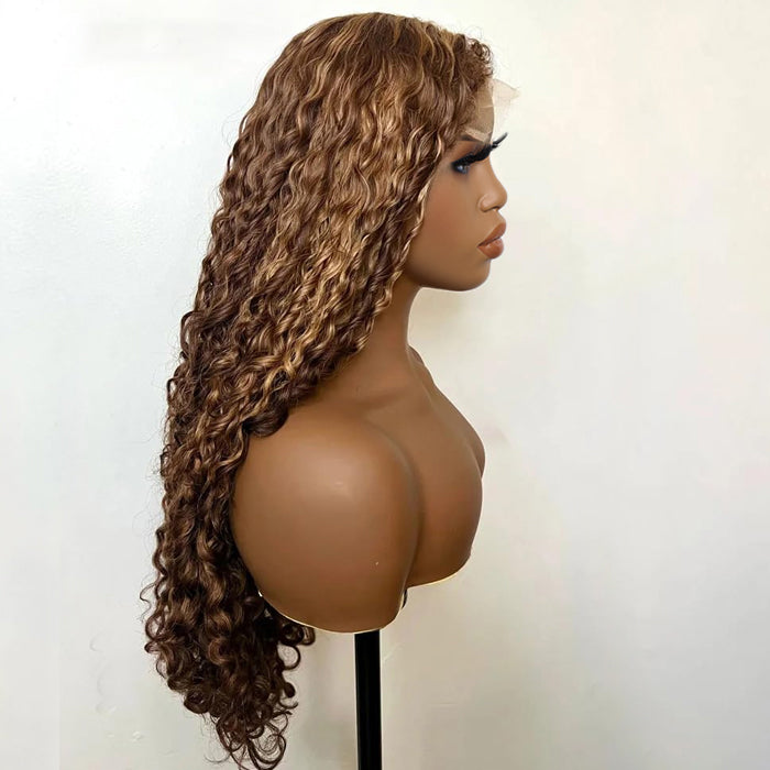 4C Edge Glueless Wigs Brown Highlight Water Wave Wigs 13x4 13x6 Invisible HD Lace Front Wigs with Drawstring Beginner Friendly