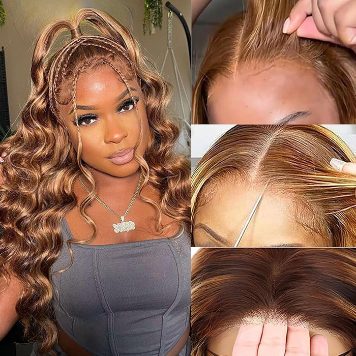 C-Shape Ear Design Body Wave 4/27 Highlight Color Glueless 8x5 HD Lace Wigs With Pre-Plucked Hairline