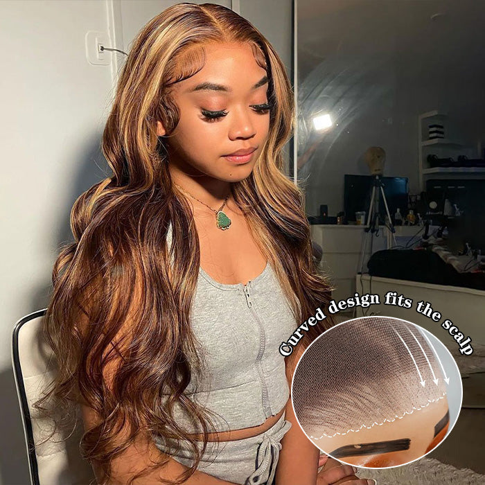 C-Shape Ear Design Body Wave 4/27 Highlight Color Glueless 8x5 HD Lace Wigs With Pre-Plucked Hairline