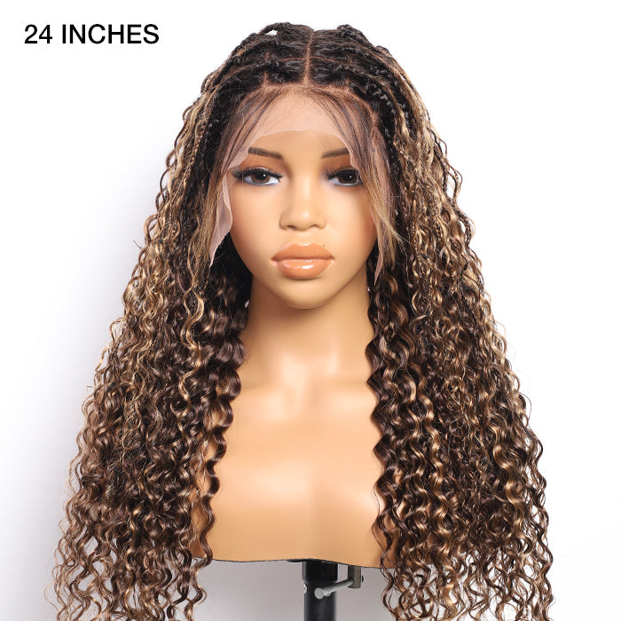 Boho Braided Wigs Ombre Highlight Brown Color Water Wave Pull Go Drawstring 13x6 HD Lace Frontal Human Hair Wigs