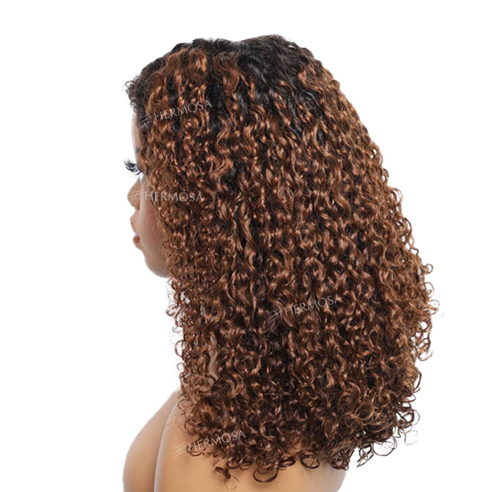 Glueless 4C Edges Hairline Curly Wigs Ombre Brown 13x4 Frontal HD Lace Human Hair Pre Everything Wigs For Women