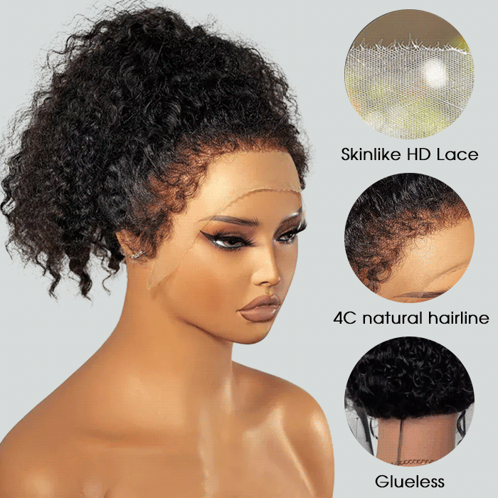 Kinky Edges Glueless 360 Full Lace Frontal Curly Wigs With Invisi-String Affordable Snug Fit Human Hair Wigs Lace Parting Anywhere