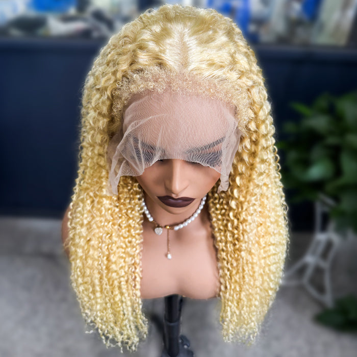 220% Density 4C Curly Edges Hairline 613 Blonde Curly Glueless Pre Cut HD Lace Wig With Realistic & Natural Hairline Baby Hair