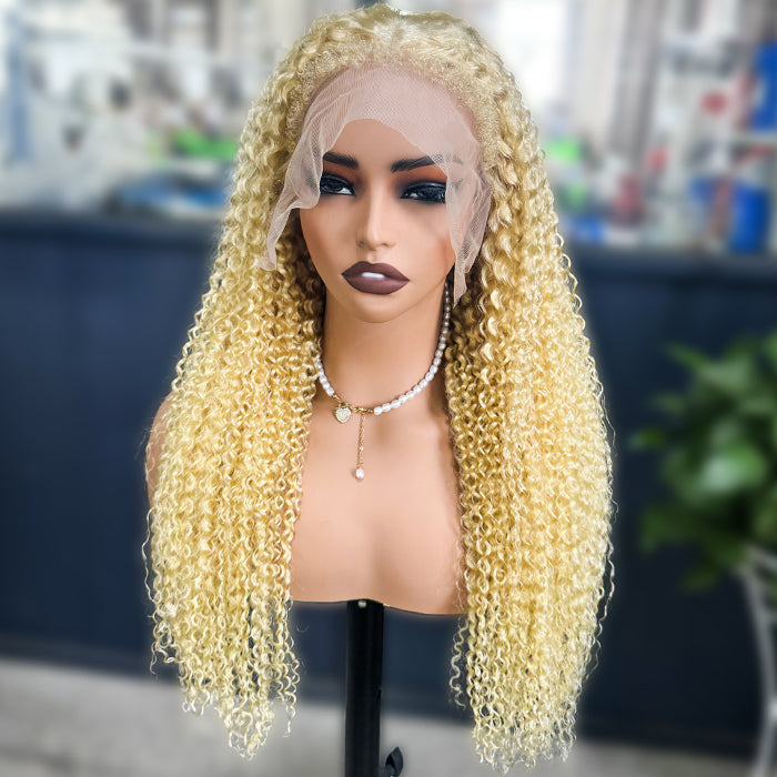 220% Density 4C Curly Edges Hairline 613 Blonde Curly Glueless Pre Cut HD Lace Wig With Realistic & Natural Hairline Baby Hair