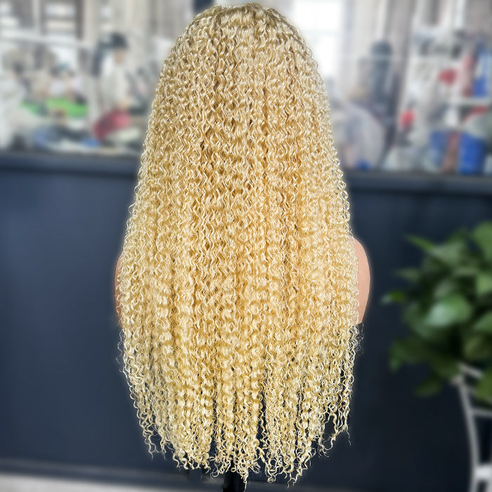 220% Density 4C Curly Edges Hairline 613 Blonde Curly Glueless Pre Cut HD Lace Wig With Realistic & Natural Hairline Baby Hair