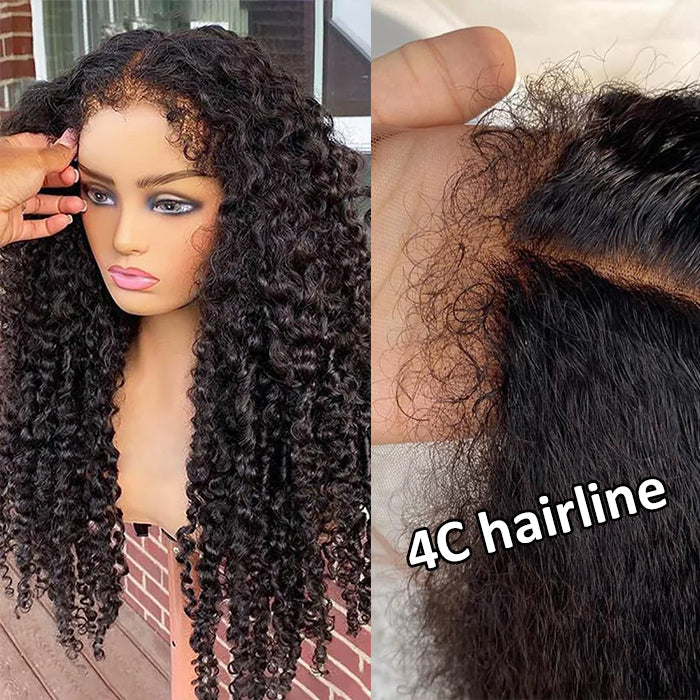 4C Edges Hairline Wig Transparent 13x4 HD Lace Pre-Plucked Curly Human Hair Wig with Curly Baby Hair