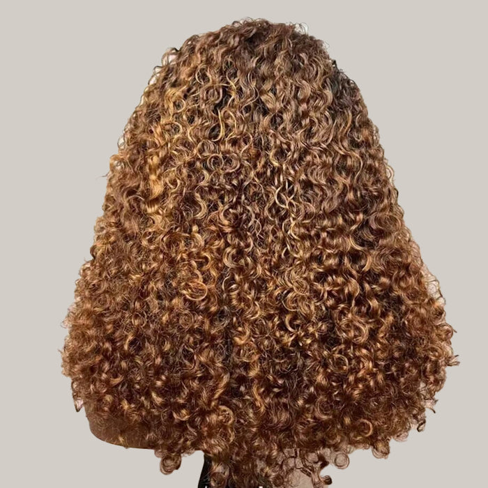 4C Curly Edges Hairline Wig Golden Brown Color Human Hair Curly Wigs 13x6 Full HD Lace Frontal Glueless Wig