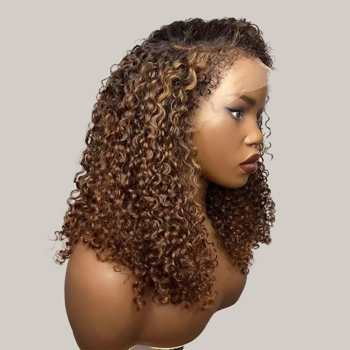 4C Curly Edges Hairline Wig Golden Brown Color Human Hair Curly Wigs 13x6 Full HD Lace Frontal Glueless Wig