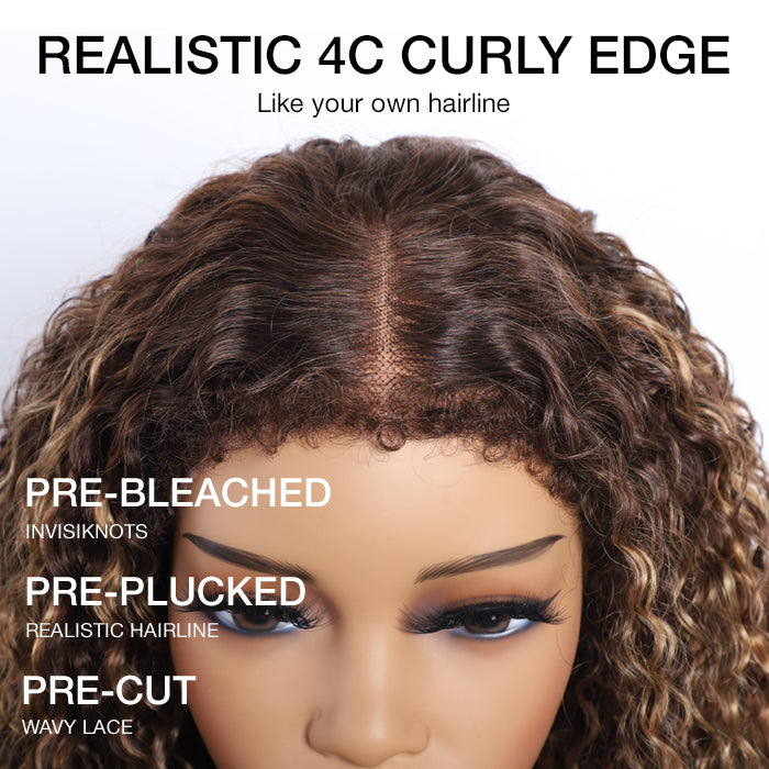 Glueless Pull Go Drawstring Curly Wig with 4C Curly Edge Hairline 13x4 13x6 HD Lace Human Hair Wigs 220%Density