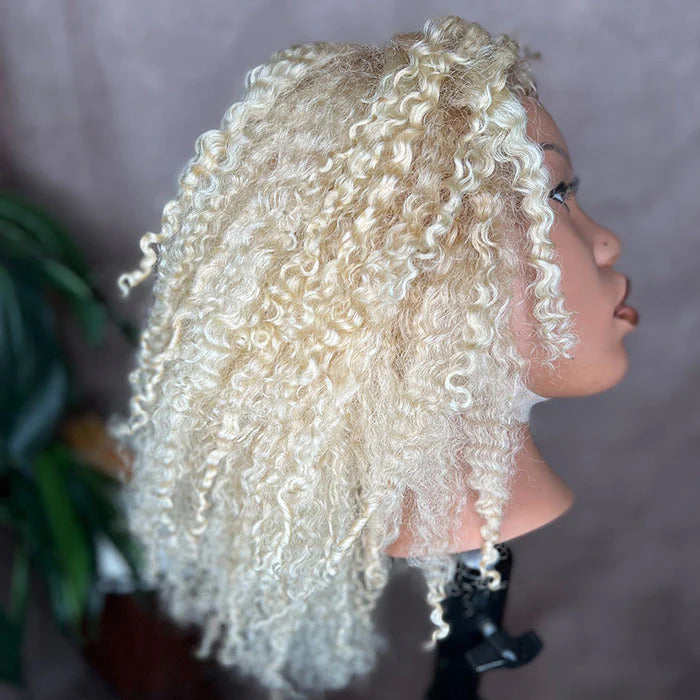 220% Density 4C Curly Edges Hairline 613 Blonde Curly Glueless Pre Cut HD Lace Wig With Realistic & Natural Hairline Baby Hair