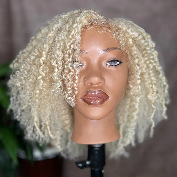 220% Density 4C Curly Edges Hairline 613 Blonde Curly Glueless Pre Cut HD Lace Wig With Realistic & Natural Hairline Baby Hair