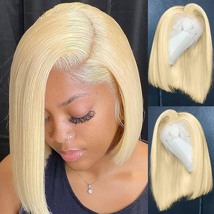 613 Blonde Straight Bob Wigs Human Hair Pre Plucked Glueless HD Lace Wig 220% Density