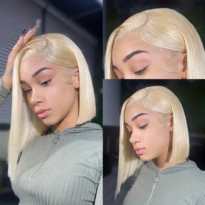 613 Blonde Straight Bob Wigs Human Hair Pre Plucked Glueless HD Lace Wig 220% Density