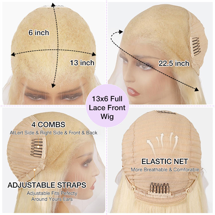 #613 Blonde Glueless Pull Go Drawstring Wigs Silky Straight 13x6 Full Lace Front Wig