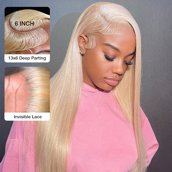 #613 Blonde Glueless Pull Go Drawstring Wigs Silky Straight 13x6 Full Lace Front Wig