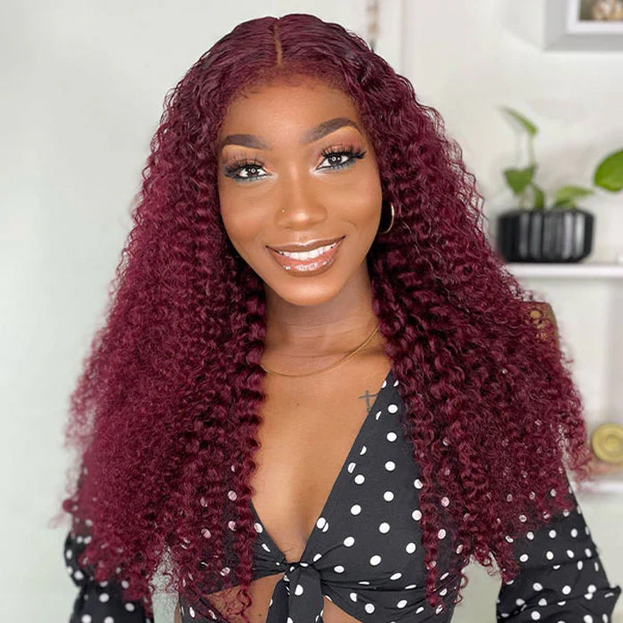 4C Curly Edges Hairline Wig 99J Burgundy Color 13x6 Full HD Lace Glueless Human Hair Curly Wigs