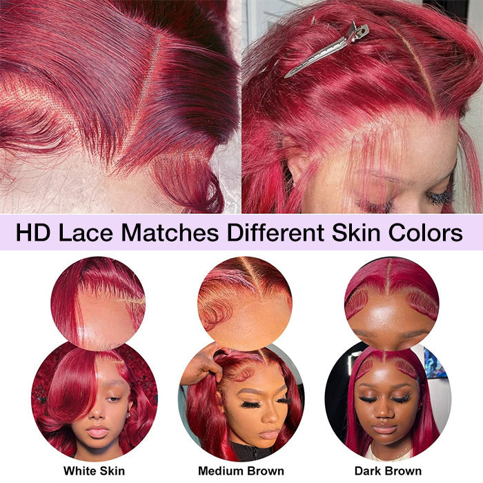 99J Burgundy Color Glueless 5x5 HD Lace Closure Wigs Human Hair 180% Density