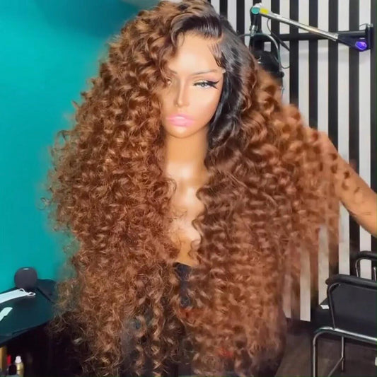 300 Density Caramel Brown Wand Curly 13x4 Lace Front Wig With Dark Root Wig Ombre Color HD Lace Human Hair Wigs