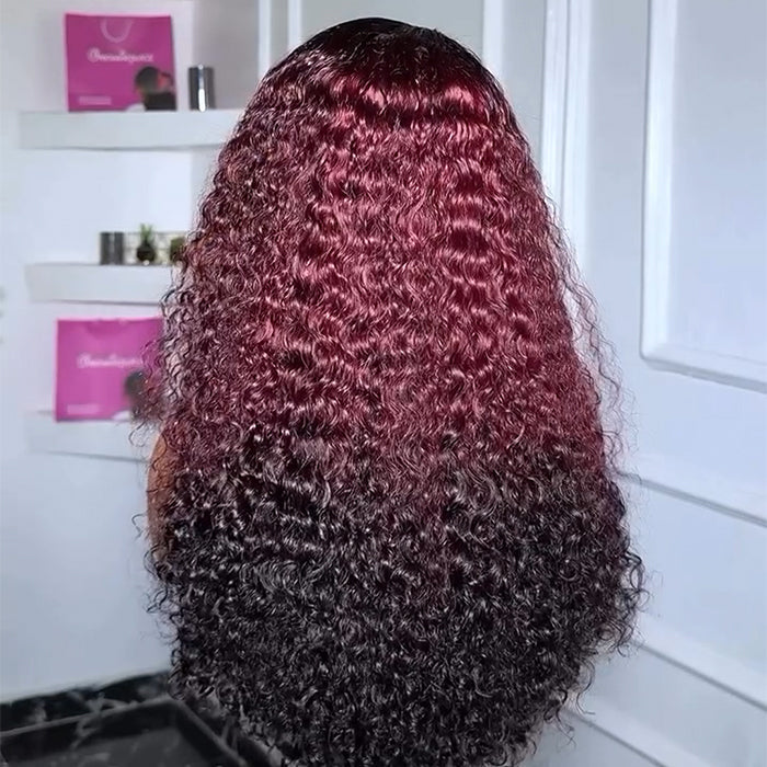 300% Density Ombre 99J Burgundy Curly Wigs Super Double Drawn Virgin Human Hair HD Transparent Lace Front Wigs Salon-Quality