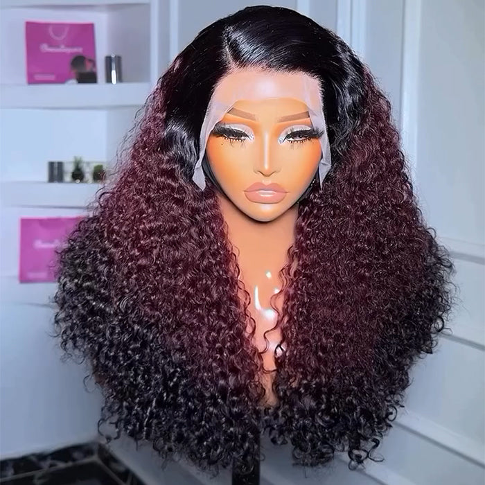 300% Density Ombre 99J Burgundy Curly Wigs Super Double Drawn Virgin Human Hair HD Transparent Lace Front Wigs Salon-Quality