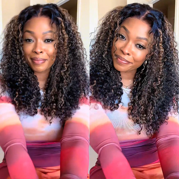 Curly Black Wig With Golden Brown Highlights Snugfit Glueless HD Lace Wig Huma Hair Pre-cut Pre-pluck Pre-bleached