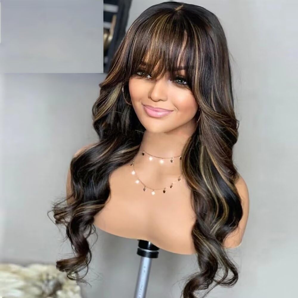 Blonde Highlights Body Wave With Bangs Glueless 13×4 Lace Front Wigs Human Hair