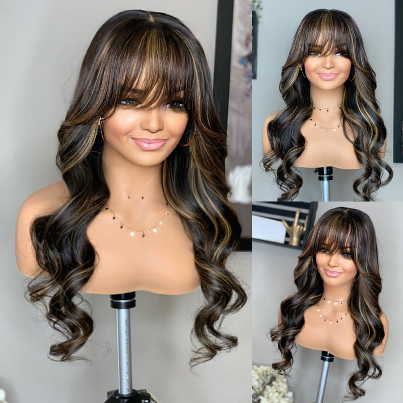 Blonde Highlights Body Wave With Bangs Glueless 13×4 Lace Front Wigs Human Hair