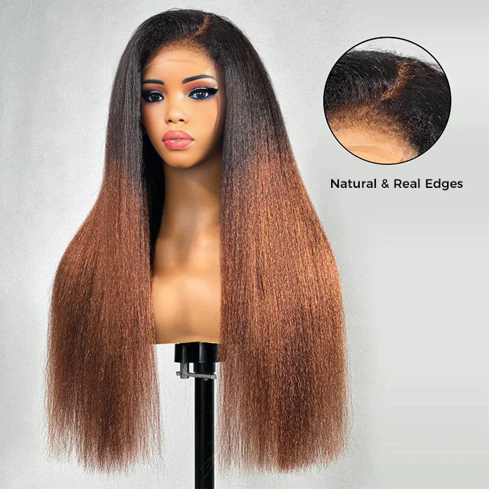 Kinky Edges Ombre Auburn Color Kinky Straight Wig Glueless HD Lace Human Hair Wig For Black Women