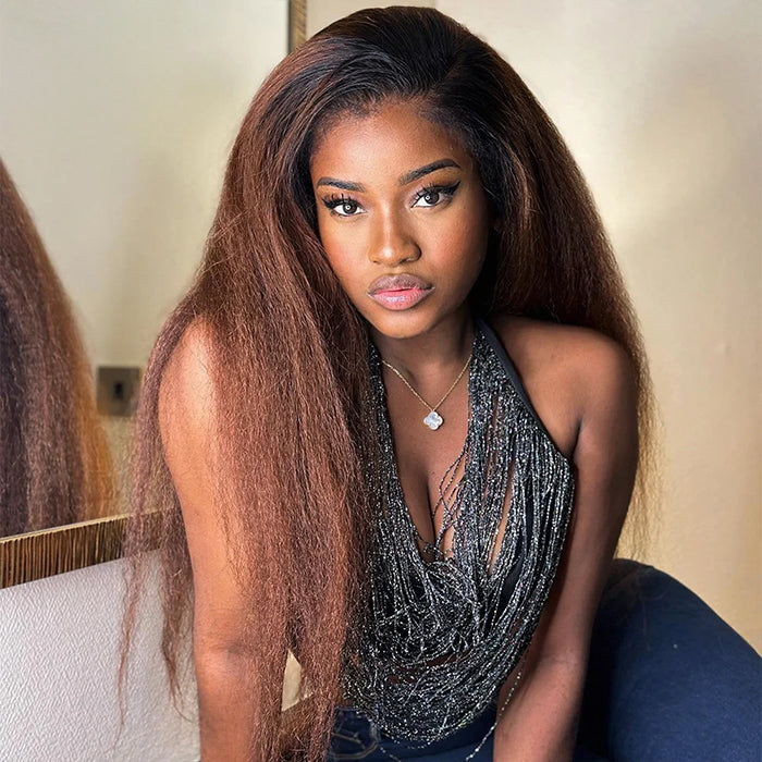 Black to Brown Ombre Kinky Straight 360 Skin Lace Frontal Invisi String Pre Everything Glueless Long Wig