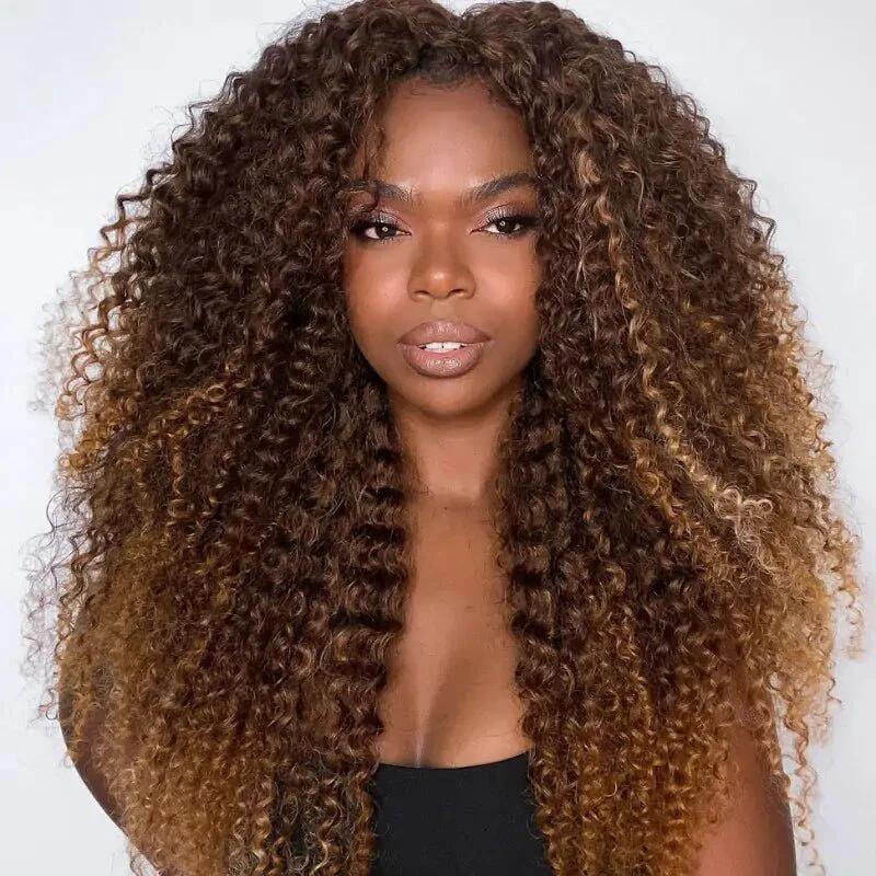 300 Density Luxury Curly Wig Ombre Auburn Brown 100% Human Hair Swiss 13x4 Lace Front Glueless Wig