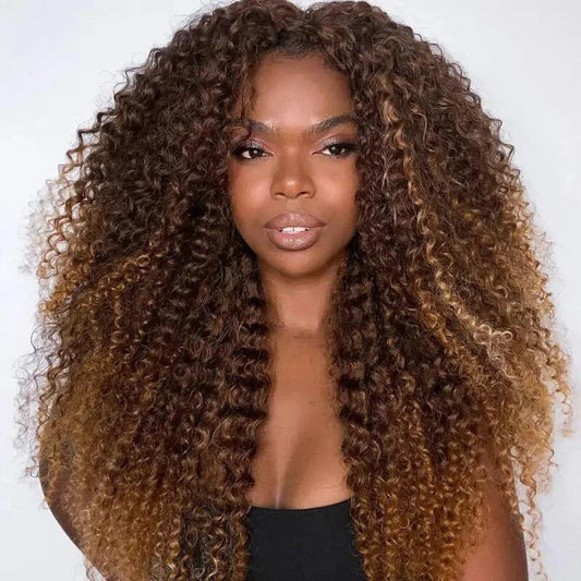 300 Density Luxury Curly Wig Ombre Auburn Brown 100% Human Hair Swiss 13x4 Lace Front Glueless Wig